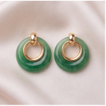 Green Jade Donut Drop Earrings with Gold-Tone Loop - 图片 7