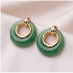 Green Jade Donut Drop Earrings with Gold-Tone Loop - 图片 3
