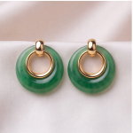 Green Jade Donut Drop Earrings with Gold-Tone Loop - 图片 5