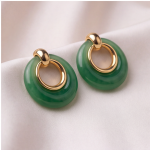 Green Jade Donut Drop Earrings with Gold-Tone Loop - 图片 2