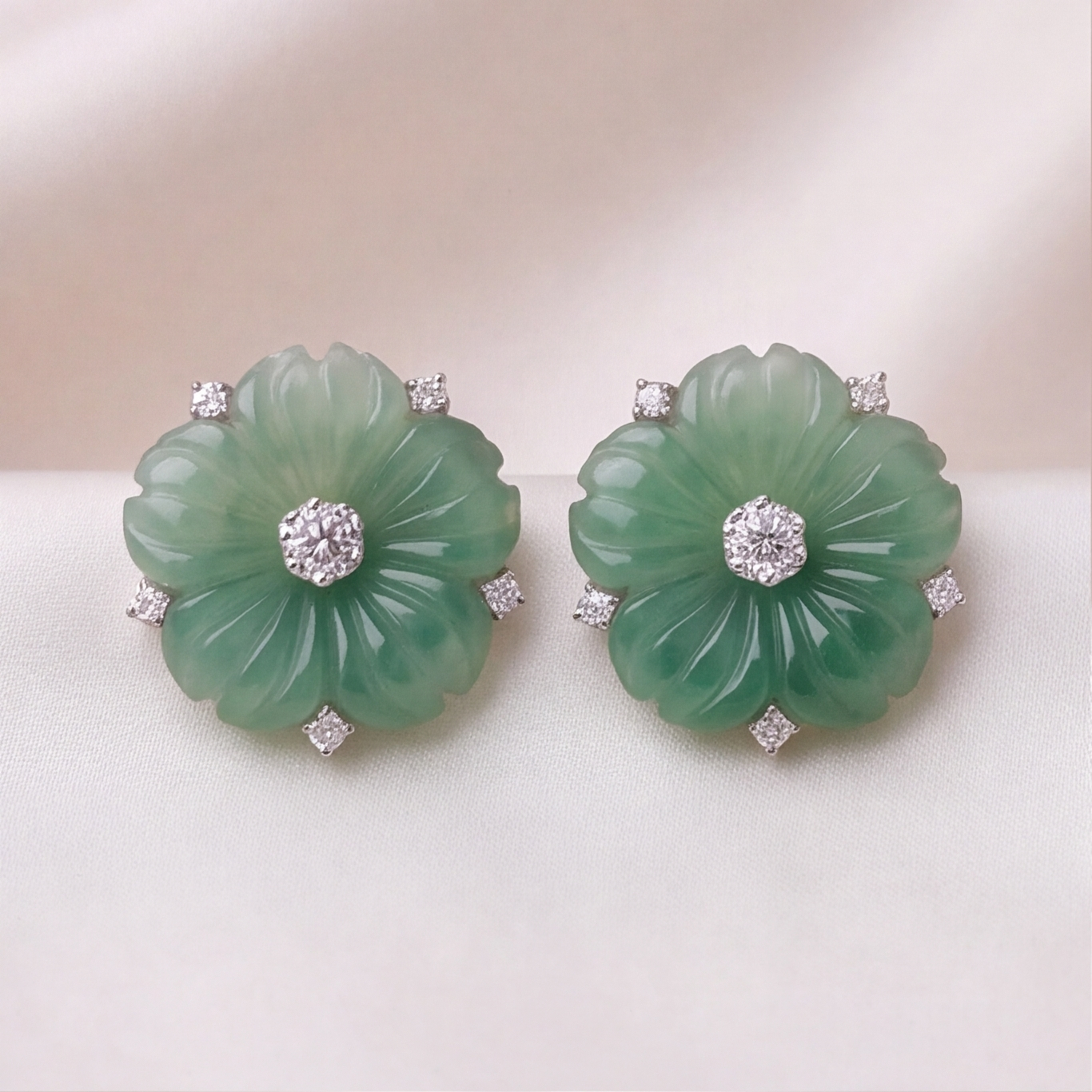 1786326057_c4fe9762-1 Carved Jade Flower Earrings with Brilliant Centre - 图片 1