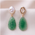 Baroque Pearl and Carved Jade Drop Earrings - 图片 2