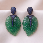Carved Jade Leaf Earrings with Blue Sapphire Pave