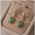 Oval Green Jade Drop Earrings with Twisted Knot Top in Gold-Tone Finish - Image 2