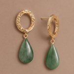Jade Teardrop Earrings with Textured Gold Ring - 图片 2