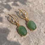 Oval Jade Drop Earrings with Navette Gold Frame
