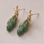 Carved Jade Leaf Drop Earrings with Sculpted Gold Cap - 图片 2
