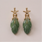 Carved Jade Leaf Drop Earrings with Sculpted Gold Cap