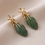 Carved Jade Leaf Drop Earrings with Sculpted Gold Cap - 图片 6