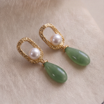 Pearl and Jade Teardrop Earrings with Hammered Gold Frame