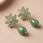Jade Flower Earrings with Teardrop Detachable Drop - 图片 2