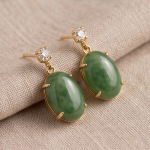 Oval Jade Drop Earrings with Brilliant Stud Top