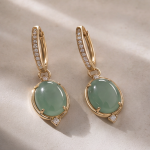 Oval Jade Huggie Drop Earrings with Pave Hoop
