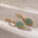Oval Jade Huggie Drop Earrings with Pave Hoop - 图片 6