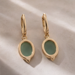 Oval Jade Huggie Drop Earrings with Pave Hoop - 图片 5