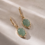 Oval Jade Huggie Drop Earrings with Pave Hoop - 图片 3