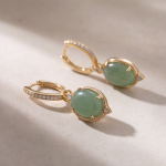 Oval Jade Huggie Drop Earrings with Pave Hoop - 图片 2