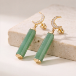 Jade Bar Drop Earrings with Pave Crescent Moon - 图片 7