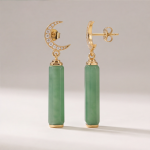 Jade Bar Drop Earrings with Pave Crescent Moon - 图片 2