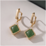Kite-Set Square Jade Huggie Drop Earrings - 图片 2