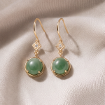 Round Green Jade Drop Earrings with Cubic Zirconia Accent on Gold-Tone Hooks