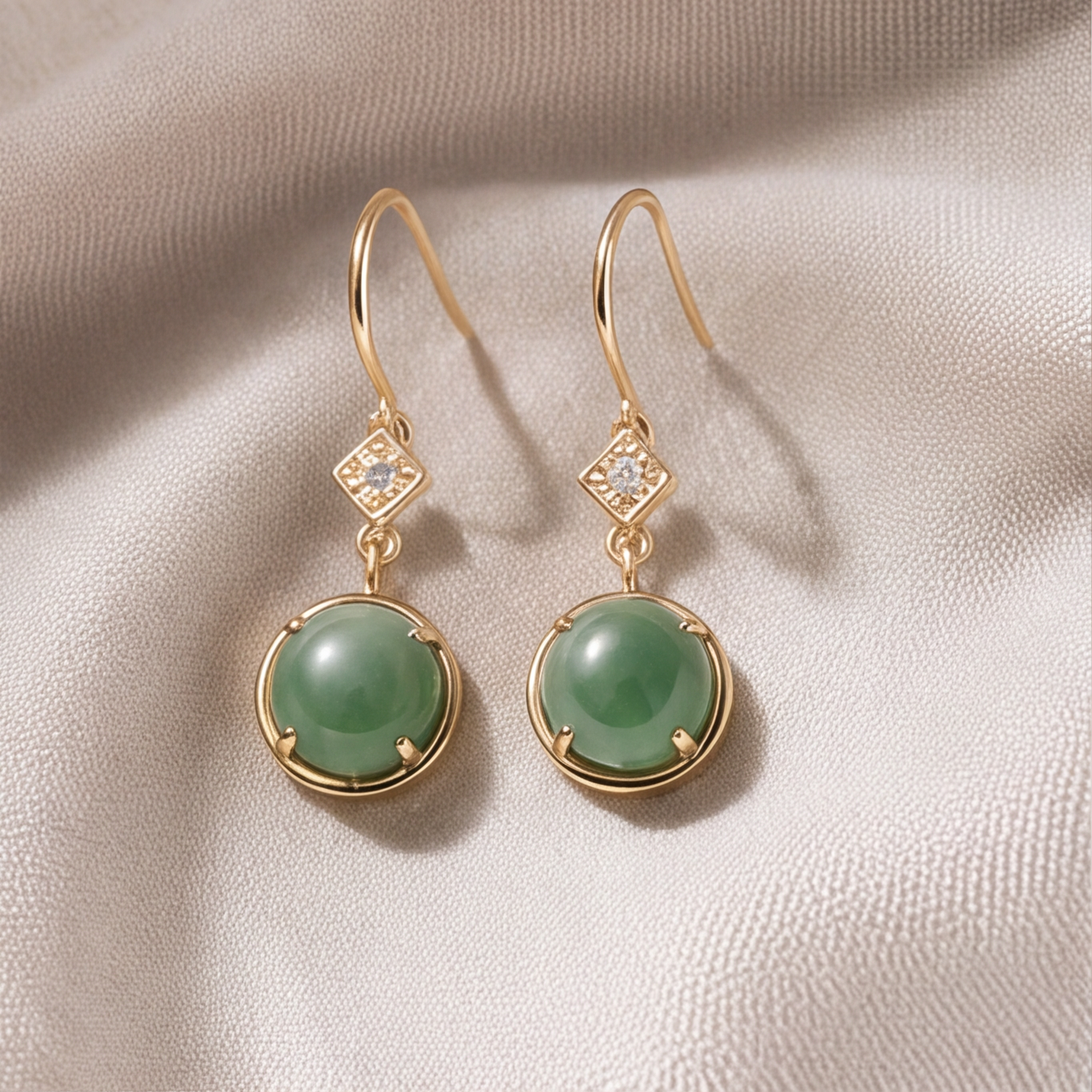 1786328126_37589cec-1 Round Green Jade Drop Earrings with Cubic Zirconia Accent on Gold-Tone Hooks - Image 1