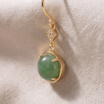 Round Green Jade Drop Earrings with Cubic Zirconia Accent on Gold-Tone Hooks - Image 7