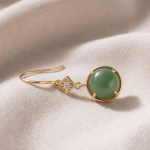 Round Green Jade Drop Earrings with Cubic Zirconia Accent on Gold-Tone Hooks - Image 6