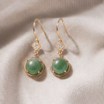 Round Green Jade Drop Earrings with Cubic Zirconia Accent on Gold-Tone Hooks - Image 3