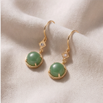 Round Green Jade Drop Earrings with Cubic Zirconia Accent on Gold-Tone Hooks - Image 2