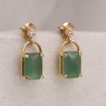 Emerald-Cut Green Chalcedony Drop Earrings with Cubic Zirconia Studs in Brushed Gold