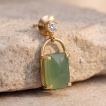 Emerald-Cut Green Chalcedony Drop Earrings with Cubic Zirconia Studs in Brushed Gold - Image 2