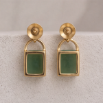 Emerald-Cut Green Chalcedony Drop Earrings with Cubic Zirconia Studs in Brushed Gold - Image 5