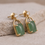 Emerald-Cut Green Chalcedony Drop Earrings with Cubic Zirconia Studs in Brushed Gold - Image 6