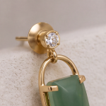 Emerald-Cut Green Chalcedony Drop Earrings with Cubic Zirconia Studs in Brushed Gold - Image 8