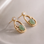 Oval Green Jade Earrings in Sculpted Open Gold-Tone Frame