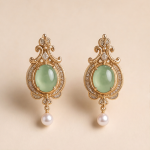 Vintage-Style Pale Green Jade and Pearl Drop Earrings with Cubic Zirconia Halo - Image 2