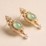 Vintage-Style Pale Green Jade and Pearl Drop Earrings with Cubic Zirconia Halo - Image 3