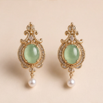 Vintage-Style Pale Green Jade and Pearl Drop Earrings with Cubic Zirconia Halo