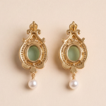 Vintage-Style Pale Green Jade and Pearl Drop Earrings with Cubic Zirconia Halo - Image 6