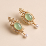 Vintage-Style Pale Green Jade and Pearl Drop Earrings with Cubic Zirconia Halo - Image 7