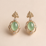 Pale Green Jade Lever-Back Earrings with Fleur-de-Lis Crown in Gold Tone - Image 2