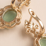 Pale Green Jade Lever-Back Earrings with Fleur-de-Lis Crown in Gold Tone - Image 4