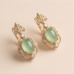 Pale Green Jade Lever-Back Earrings with Fleur-de-Lis Crown in Gold Tone
