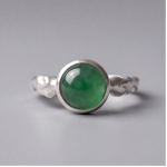 Round Green Jade Cabochon Ring with Hammered Band in Sterling Silver - Image 3