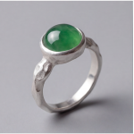 Round Green Jade Cabochon Ring with Hammered Band in Sterling Silver