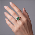 Round Green Jade Cabochon Ring with Hammered Band in Sterling Silver - Image 2