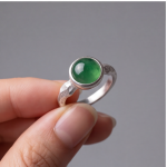 Round Green Jade Cabochon Ring with Hammered Band in Sterling Silver - Image 5
