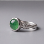 Round Green Jade Cabochon Ring with Hammered Band in Sterling Silver - Image 8