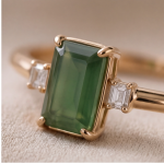 Emerald-Cut Green Jade Ring with Baguette Accents in Gold-Plated Sterling Silver - Image 6